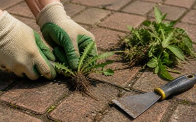 Removing weeds from brick paving, step by step.