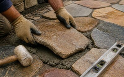 Flagstone paving installation creates a stable, natural surface for patios and walkways.